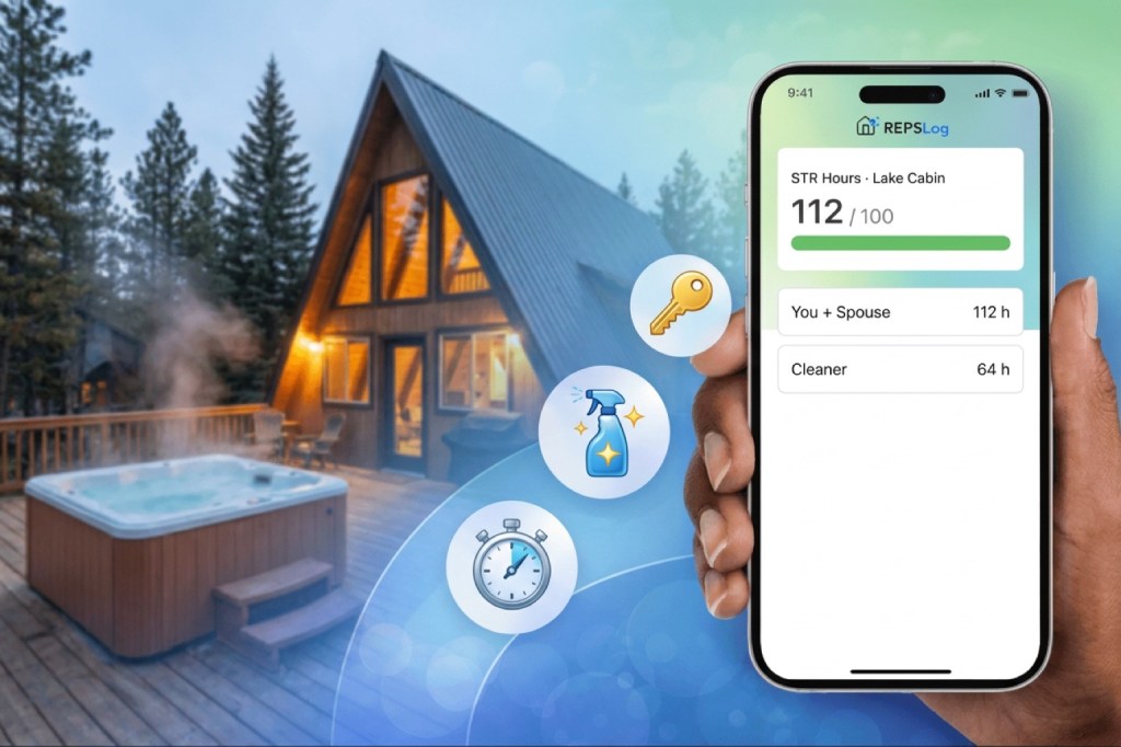 REPSLog app showing STR hours for a lake cabin: 112 of 100 hours, you and spouse 112 h, cleaner 64 h